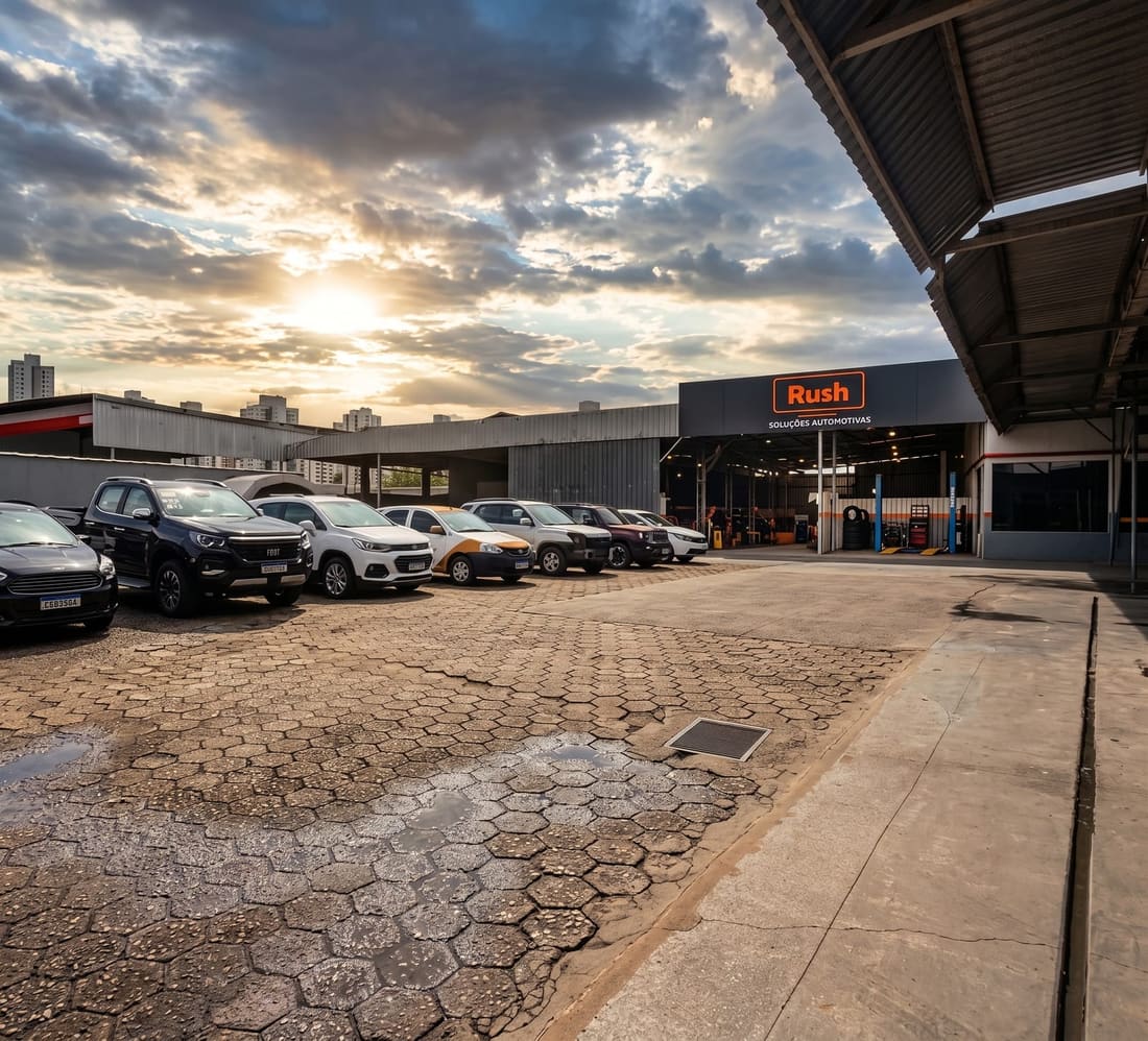 Unidade da Rush Car ao entardecer, com pátio de clientes e área de atendimento
